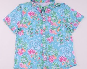 Disney button up shirt for men and boys, tropical Mickey Mouse aqua pink hawaiian style vacation shirt for family matching