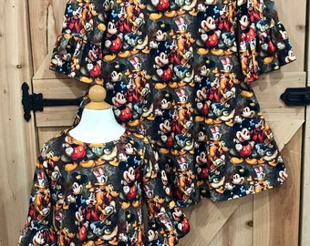Vestido Disney vintage con estampado de Mickey, Minnie, Donald y Daisy, mangas con volantes y bolsillos, listo para enviar para mamá y yo