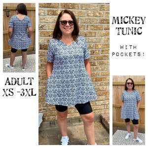 Mickey damask print tunic length top. Disney top for women black white Mickey top regular and plus size