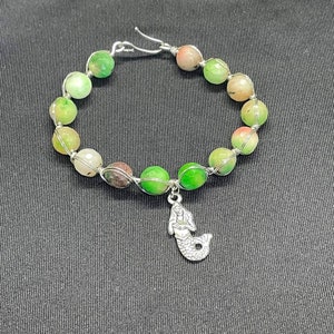 Pink and Green dyed Jade Bracelet with Mermaid Charm Wire Wrapped