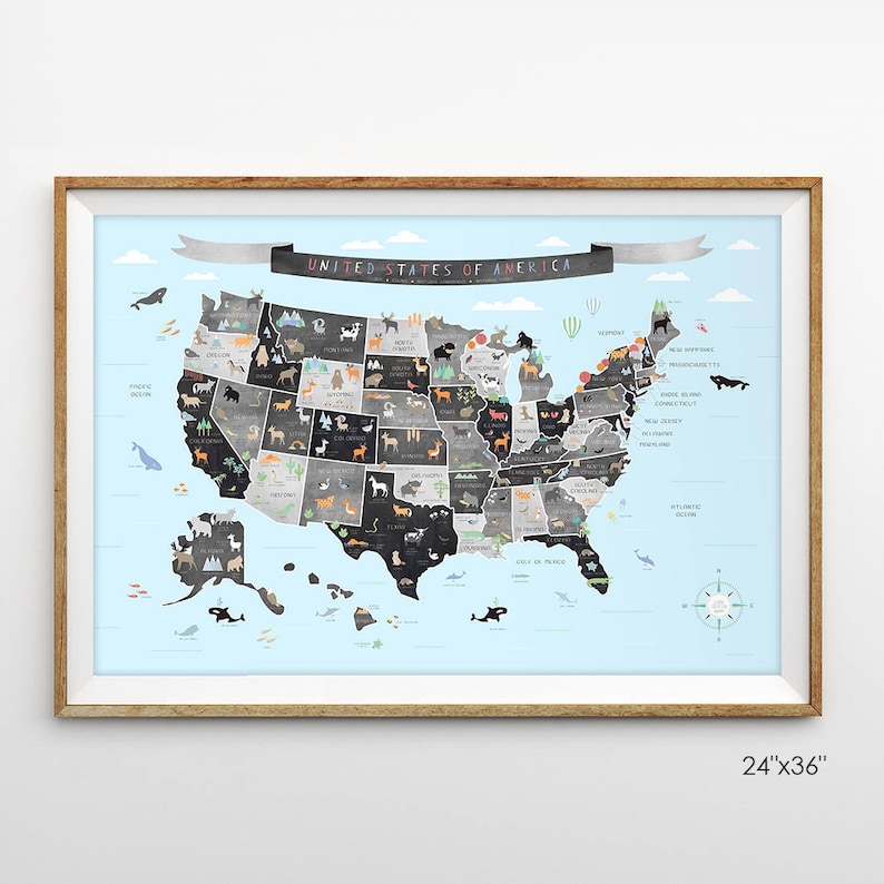 USA map US chalk map Map wall art Map nursery art States Etsy