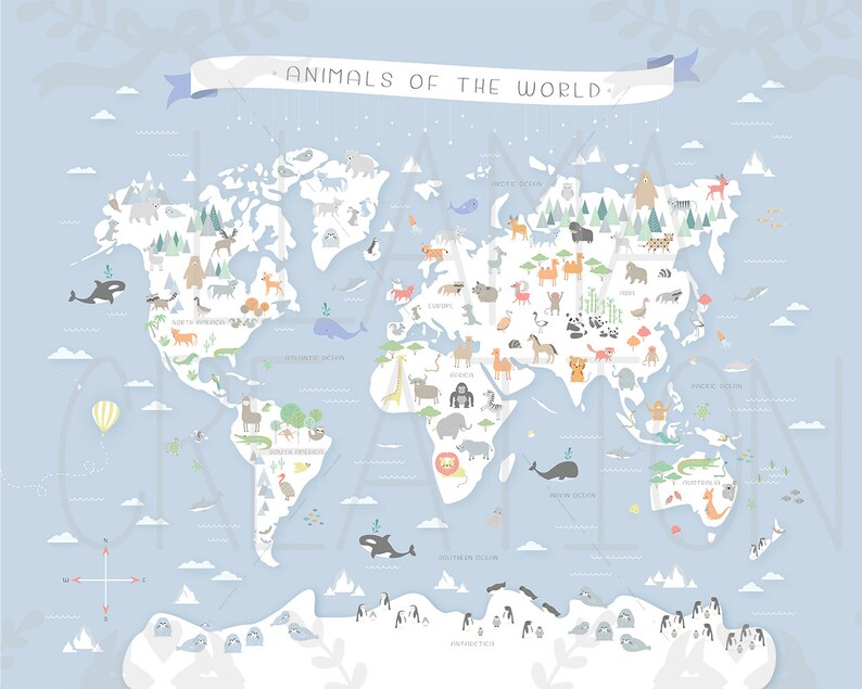 Animal world map instant download map nursery art my first Etsy