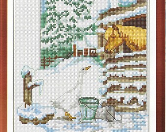 Snowy farm cross stitch pattern ,cat pdf instant download xstitch design, cross stitch pattern to download, aida count xstitch pdf pattern