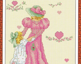 Mother and daughter cross stitch pattern, pdf instant download xstitch design, pdf cross stitch pattern to download, aida count xstitch pdf