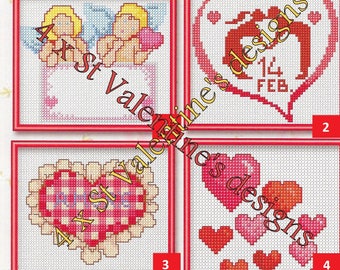 4 Valentines cross stitch designs, pdf instant download xstitch design, pdf cross stitch pattern to download, aida count xstitch pdf pattern