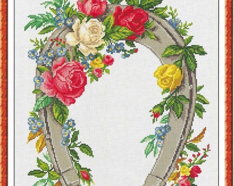 Horseshoe flower cross stitch pattern, pdf instant download xstitch design, pdf cross stitch pattern to download, aida count xstitch pattern