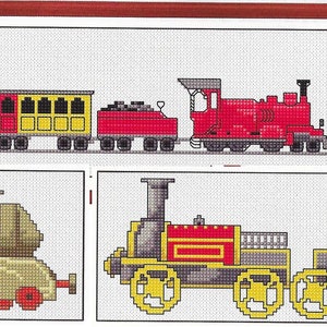 May include: Four different toy train designs. The first train is red and yellow with a passenger car, a coal car, and a locomotive. The second train is green and has a locomotive. The third train is red and yellow with a locomotive and a box car. The fourth train is red and yellow with a locomotive and a box car.
