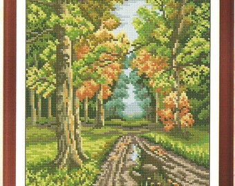 Trees Cross Stitch Pattern, Wood road cross stitch pattern, tree pattern, in the wood pattern, nature cross stitch pattern, pdf pattern