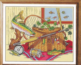 Fishing hobby cross stitch pattern, pdf instant download xstitch design, pdf cross stitch pattern to download, aida count xstitch pattern