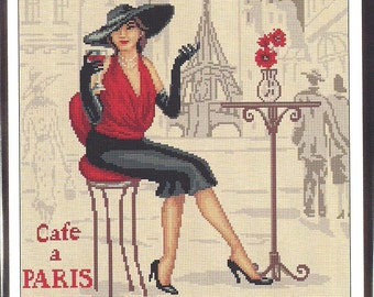 Lady in Paris 1, Cross Stitch Pattern, xstitch pdf Cafe de Paris cross stitch pdf pattern, modern pdf pattern, counted cross stitch pattern