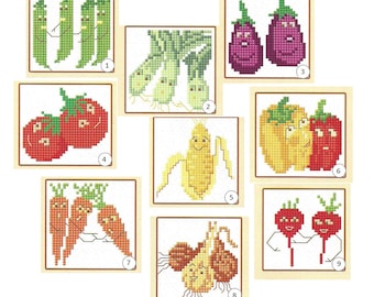 Cross Stitch Pattern - Happy Veggies, 9 vegetable patterns included