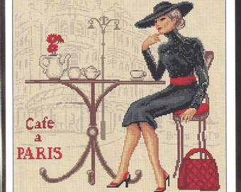 Lady in Paris 2, Cross Stitch Pattern, xstitch pdf Cafe de Paris cross stitch pdf pattern, modern pdf pattern, counted cross stitch pattern