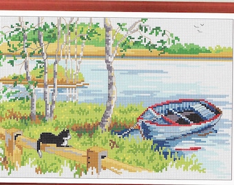 Boat at lake pdf cross stitch design, pdf instant download xstitch design, pdf cross stitch pattern to download, aida count xstitch pattern