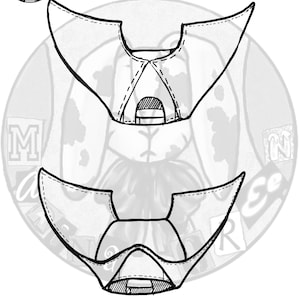 May include: Line drawing of a bat hat pattern. The hat design features pointed ears and a structured front. Text includes "Year Zero Cornett (Bat Hat)" and "Pattern Created by Marina McElrea Green. Not intended for retail reproduction."