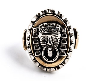 Remarkable Heavy Silver & Brass "Chalchi" Aztec Goddess Idol Signet Biker Ring by Kingdom