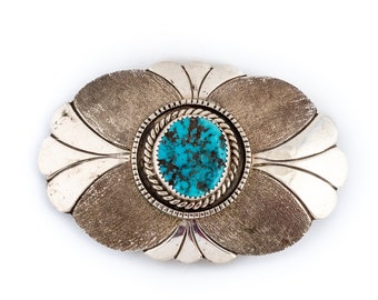 Brushed Two-Tone Sterling Silver & Kingman Turquoise Navajo Belt Buckle