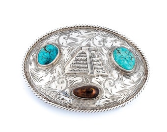 Silver "Aztec Pyramid" Taxco Belt Buckle w/ Turquoise & Fire Agate