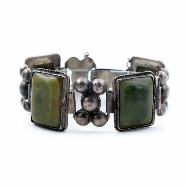 Panelled Olive Green Agate Taxco Bracelet