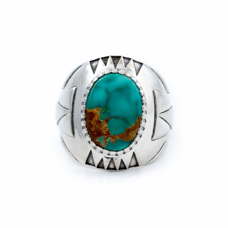 Geometric Art-Deco Delta Ring w Deep Royston Turquoise by Kingdom