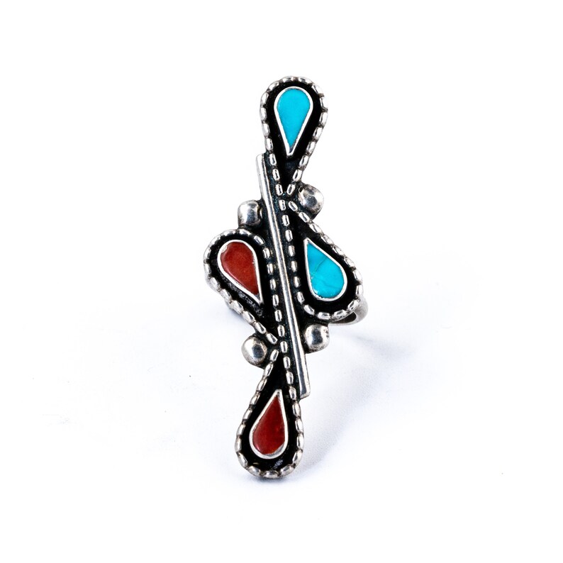 Abstract 1970/'s Long Teardrop Inlay Navajo Ring w Sleeping Beauty Turquoise /& Red Coral