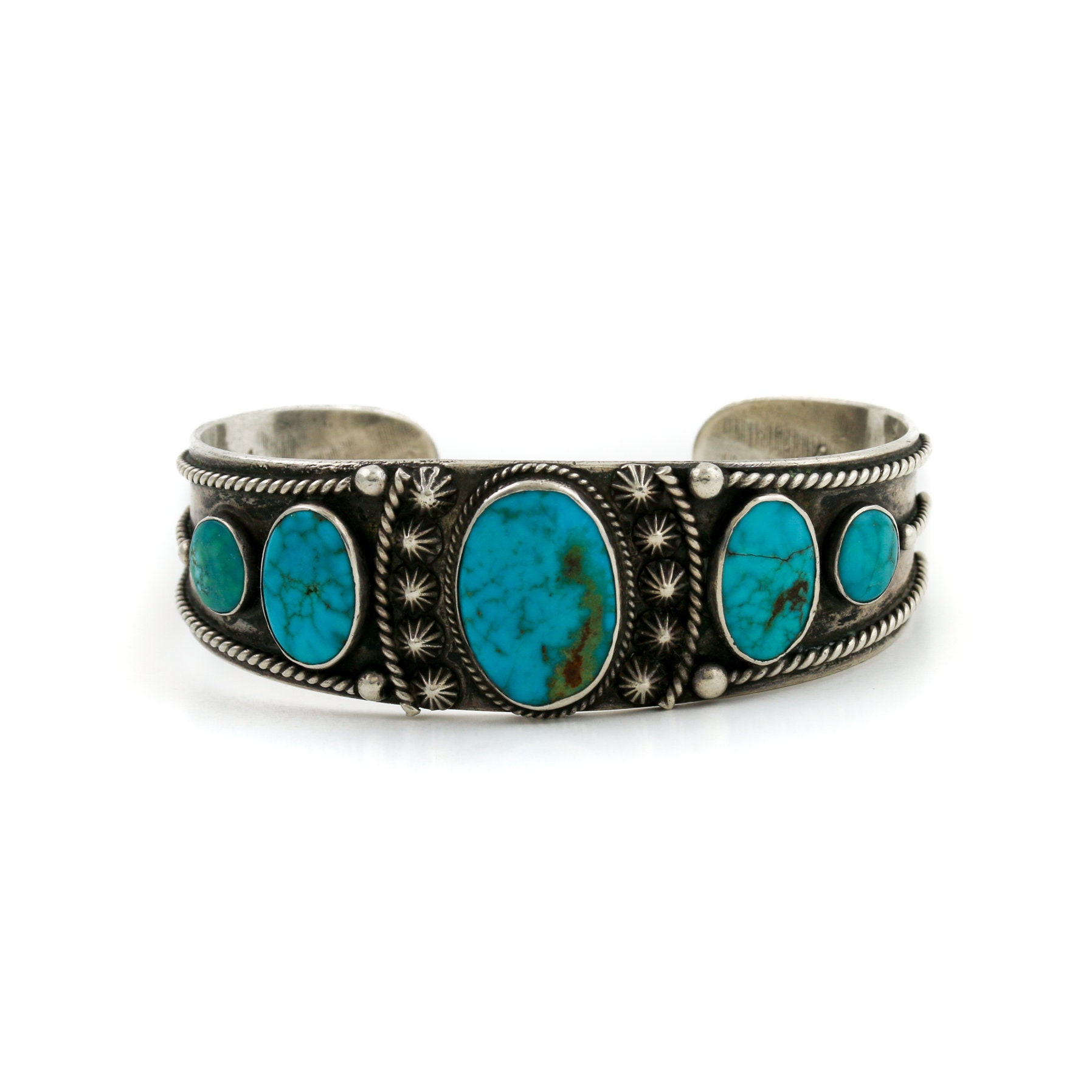 Hypnotic Vintage Native American Navajo Turquoise Coral Chip Inlay Snakes Silver Bracelet Hypnotic Vintage Native American Navajo Turquoise Coral Chip Inlay Snakes Silver Bracelet