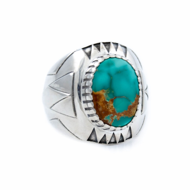 Geometric Art-Deco Delta Ring w Deep Royston Turquoise by Kingdom