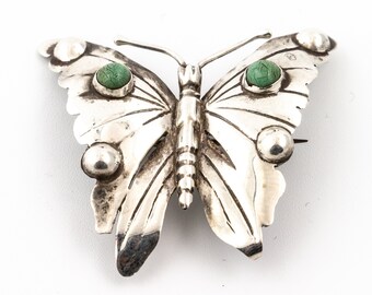 Vintage Sterling Silver Butterfly Brooch Pin w/ Green Turquoise