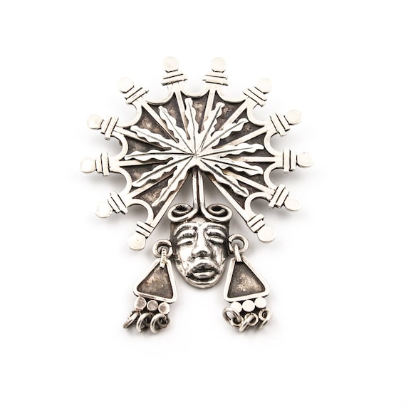 Epic Mayan Chief Tribal Sterling Silver Brooch Pin