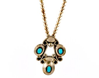 Elegant 1980's Sterling Silver Triple-Shadowbox Navajo Pendant Necklace w/ Blue Turquoise