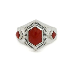 Hex-Cut Red Coral Silver Inlay Ring