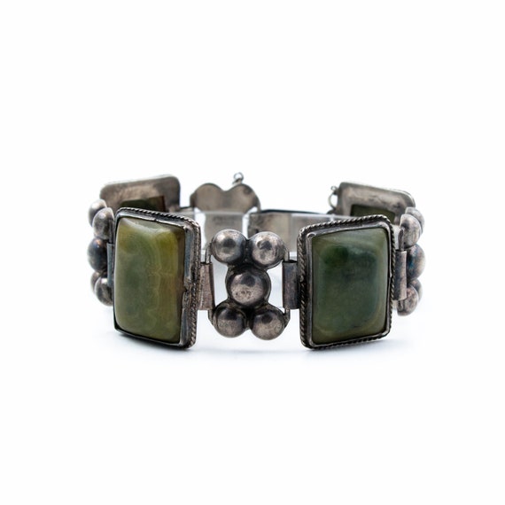 Panelled Olive Green Agate Taxco Bracelet - image 1