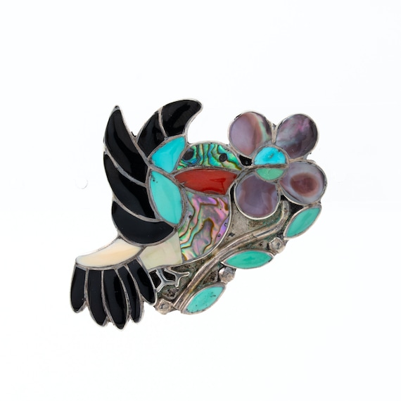 Rare Signed Native American Zuni Inlay Jet Turquoise Coral Hummingbird Sterling Silver Necklace Rare Signed Native American Zuni Inlay Jet Turquoise Coral Hummingbird Sterling Silver Necklace