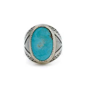 May include: A silver ring with a turquoise stone set in an oval shape. The ring has a decorative design around the stone.