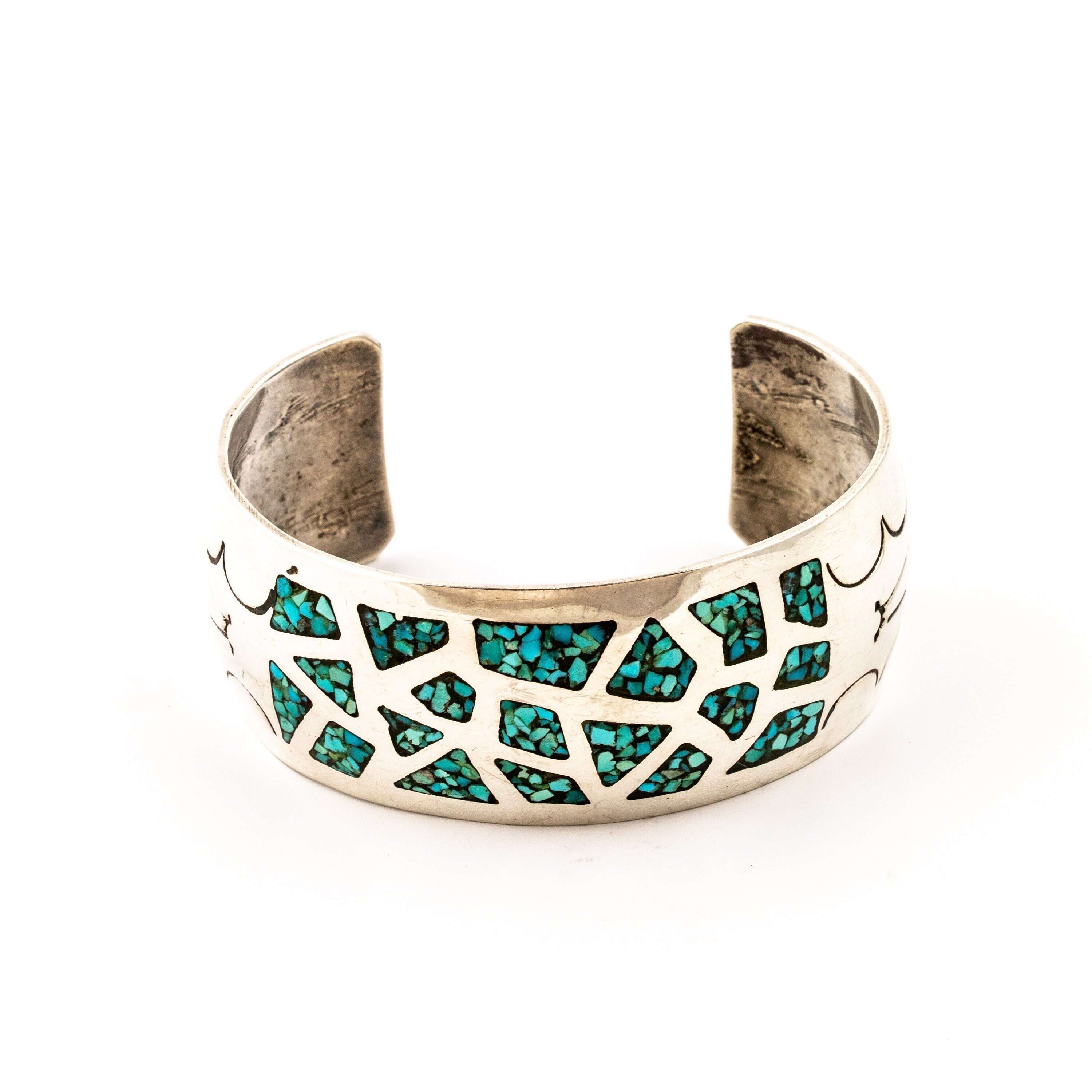 Hypnotic Vintage Native American Navajo Turquoise Coral Chip Inlay Snakes Silver Bracelet Hypnotic Vintage Native American Navajo Turquoise Coral Chip Inlay Snakes Silver Bracelet