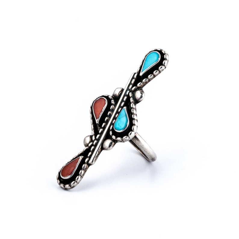 Abstract 1970/'s Long Teardrop Inlay Navajo Ring w Sleeping Beauty Turquoise /& Red Coral