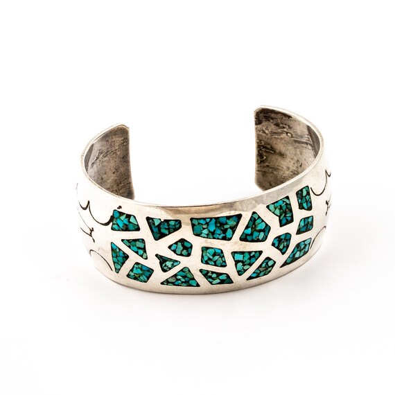 Hypnotic Vintage Native American Navajo Turquoise Coral Chip Inlay Snakes Silver Bracelet Hypnotic Vintage Native American Navajo Turquoise Coral Chip Inlay Snakes Silver Bracelet