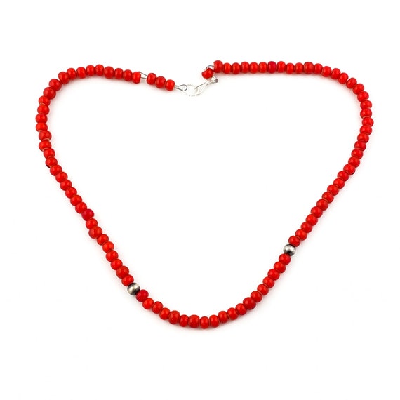 Red White Heart W/ Silver Trade Beaded Necklace by Kingdom