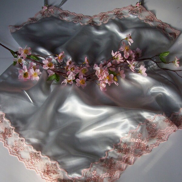 Valentines Clearance Large Size Teddy  in soft silver silk satin and embroidered pink lace Sexy   Handmade by 1031