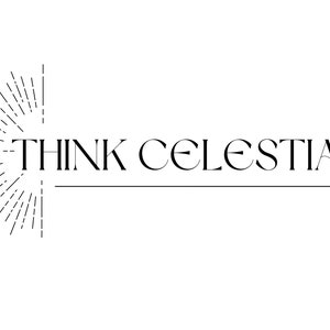 May include: Black and white logo with a stylized sunburst design and the text "THINK CELESTIAL".