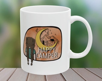 Happy Camper Original Artwork Ceramic Coffee Mug 11oz - simple minimal - gift for her - moon - hiking - camping - girl braids - Mother's Day