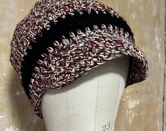 Red Gray Cream Black Beanie Hat | Ready to Ship | Vegan Friendly | Unisex Slouchy short Tam Hat with Visor Brim