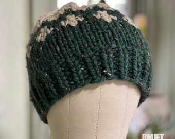 Green + Oatmeal Wool Blend Handmade  Knit Beanie hat | unisex OOAK Eco Friendly Winter hat for Men and Women Hand Knitted