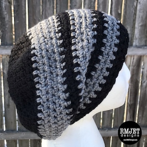 Black & Gray Crochet Slouchy Beanie: Vegan Dreadlock Tam