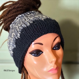 Hand knitted Black Gray Headband Tube Hat Dreadlock Hippie Great for Dreads Festivals Long Hair Large Unisex Handmade Knitting
