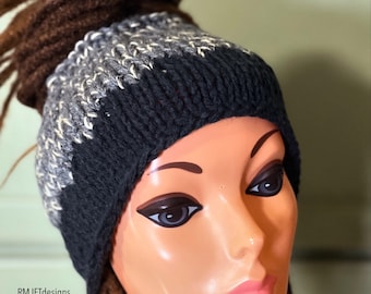 Handstickat svartgrått pannband: Unisex tubhatt för dreads