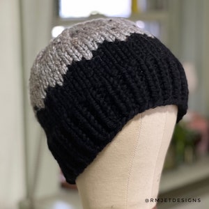 Black Gray bulky wool blend hand knit beanie hat cap winter wear Luxury handmade image 1
