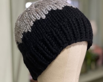 Black Gray bulky wool blend hand knit beanie hat cap winter wear Luxury handmade