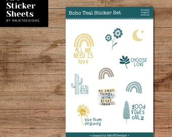 Original Artwork Boho Teal Sticker Pack, Sticker Sheet, Stickers for Bullet Journal, Stickers for Planner, Stocking Stuffer, Pack