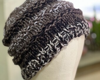 Shades of Brown + Black hand knitted hemp and wool beanie hat cap winter wear