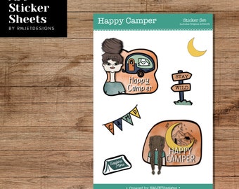 Happy Camper Original Artworkl Sticker Pack, Sticker Sheet, Stickers for Bullet Journal, Stickers for Planner, Stocking Stuffer, Pack, Girl